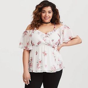 Torrid White Ruffle Cold Shoulder Top